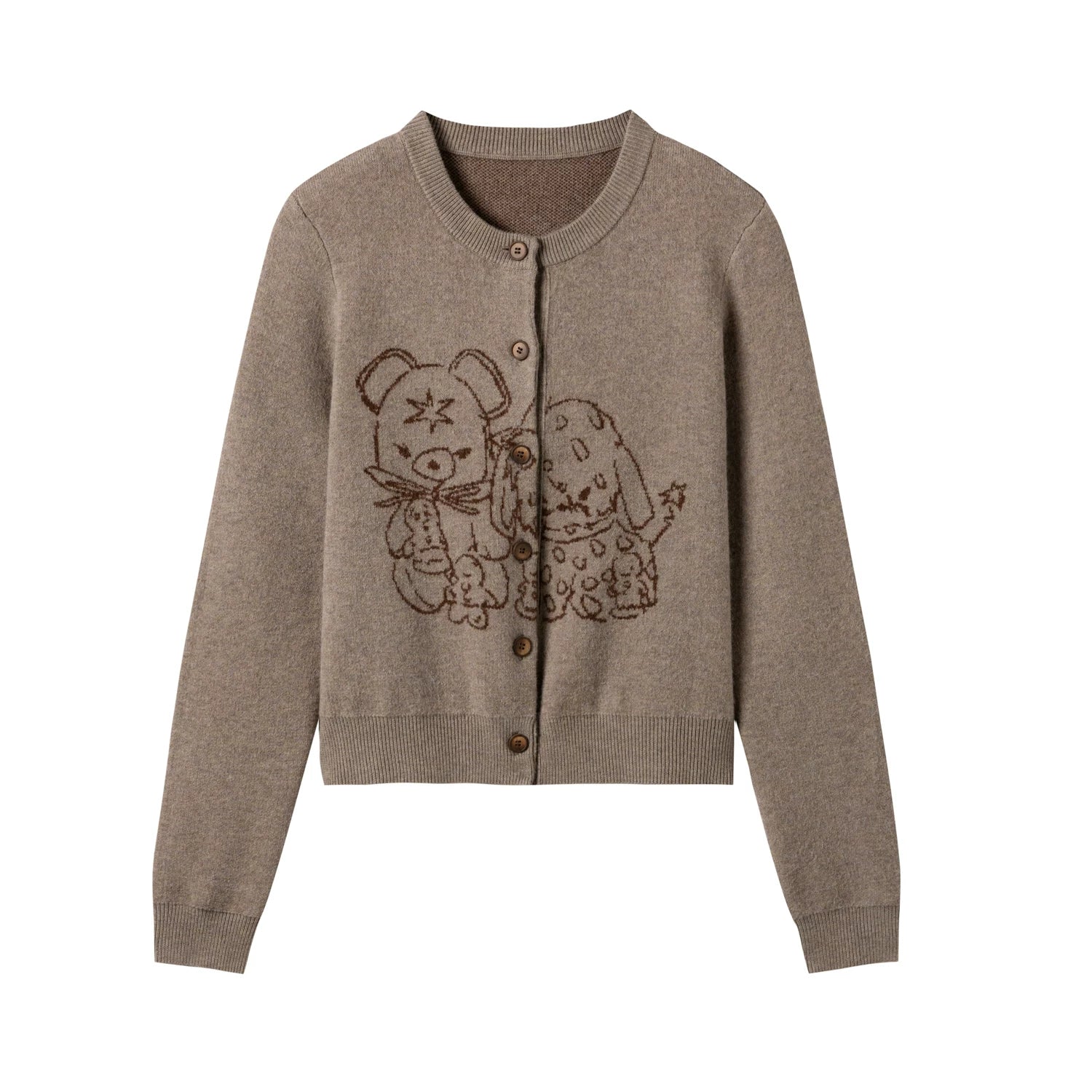 Yawhat Fluffy Friends Cropped Wool Jacquard Cardigan