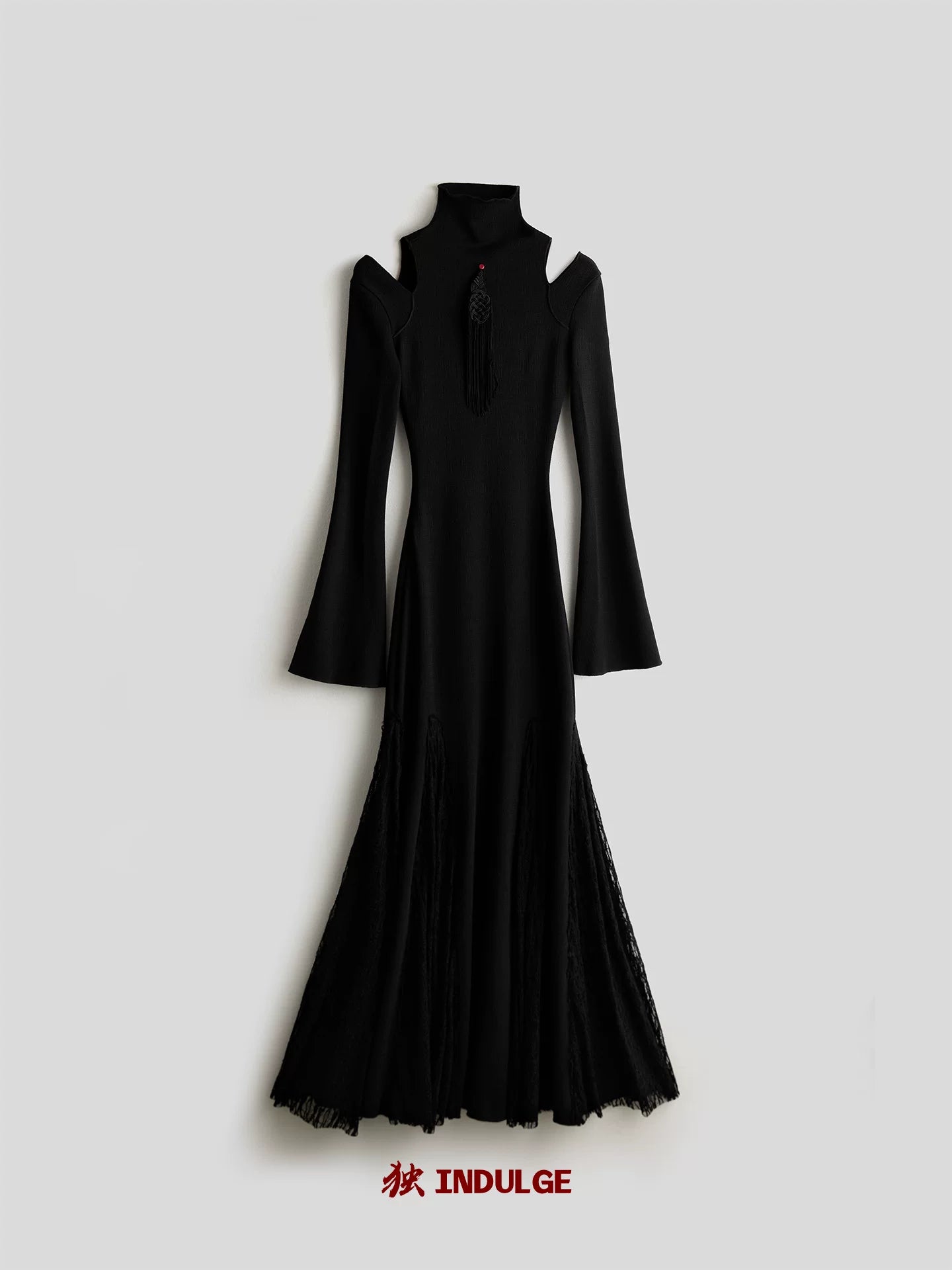 INDULGE Stand-up Collar Hollow Elastic Knitted Splicing Fishtail Slim-fit Dress