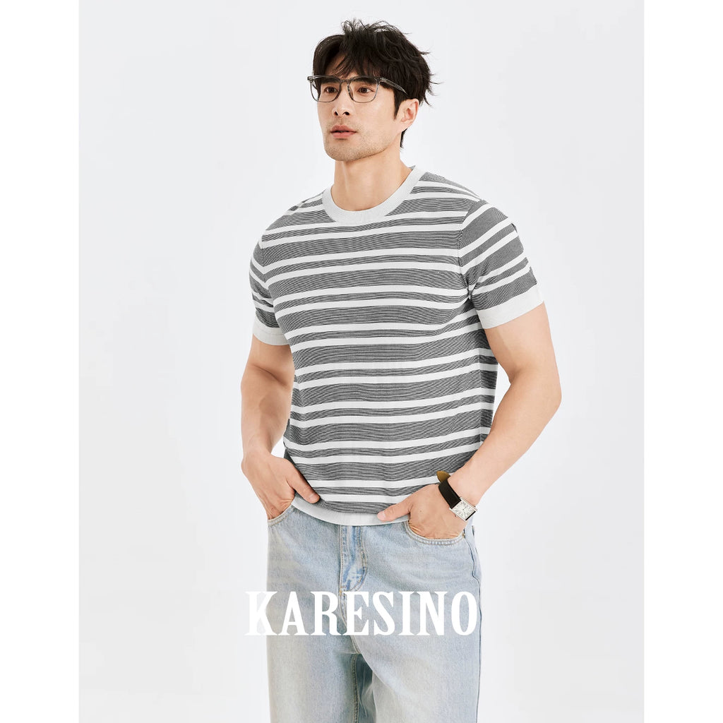 KARESINO Mulberry Silk Contrast Stripe Knit Casual Crew Neck T-Shirt