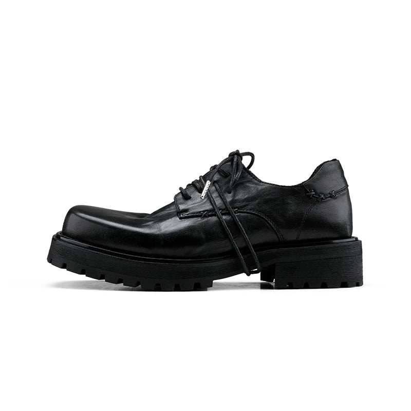 HANQIAORIJI Washed Nappa Leather Square-Toe Derby