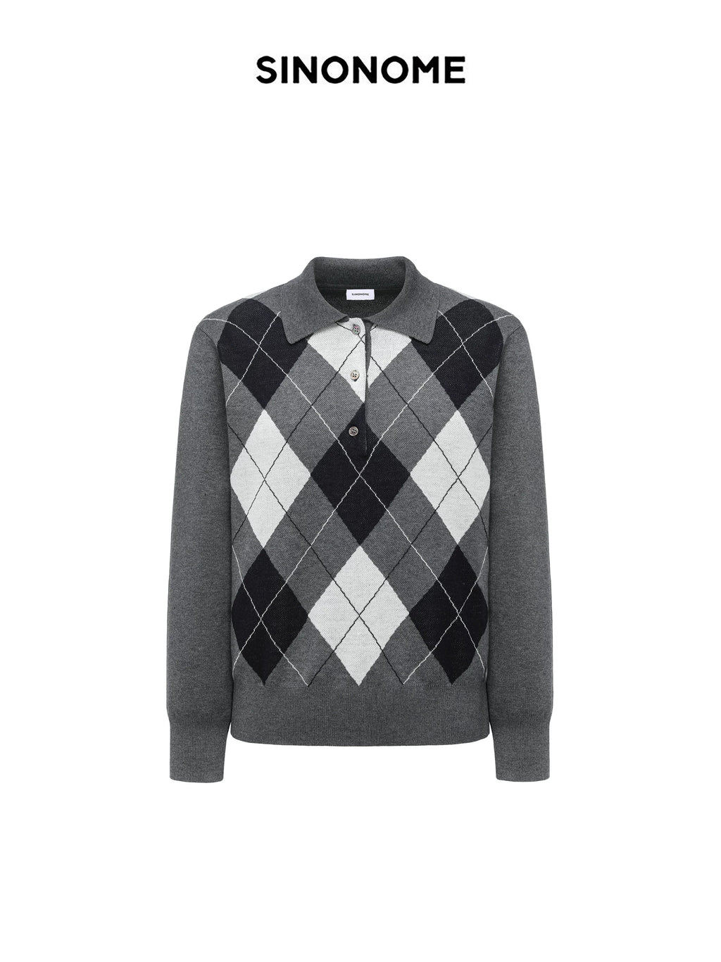 SINONOME wool blended grid retro Polo long-sleeved knitted sweater
