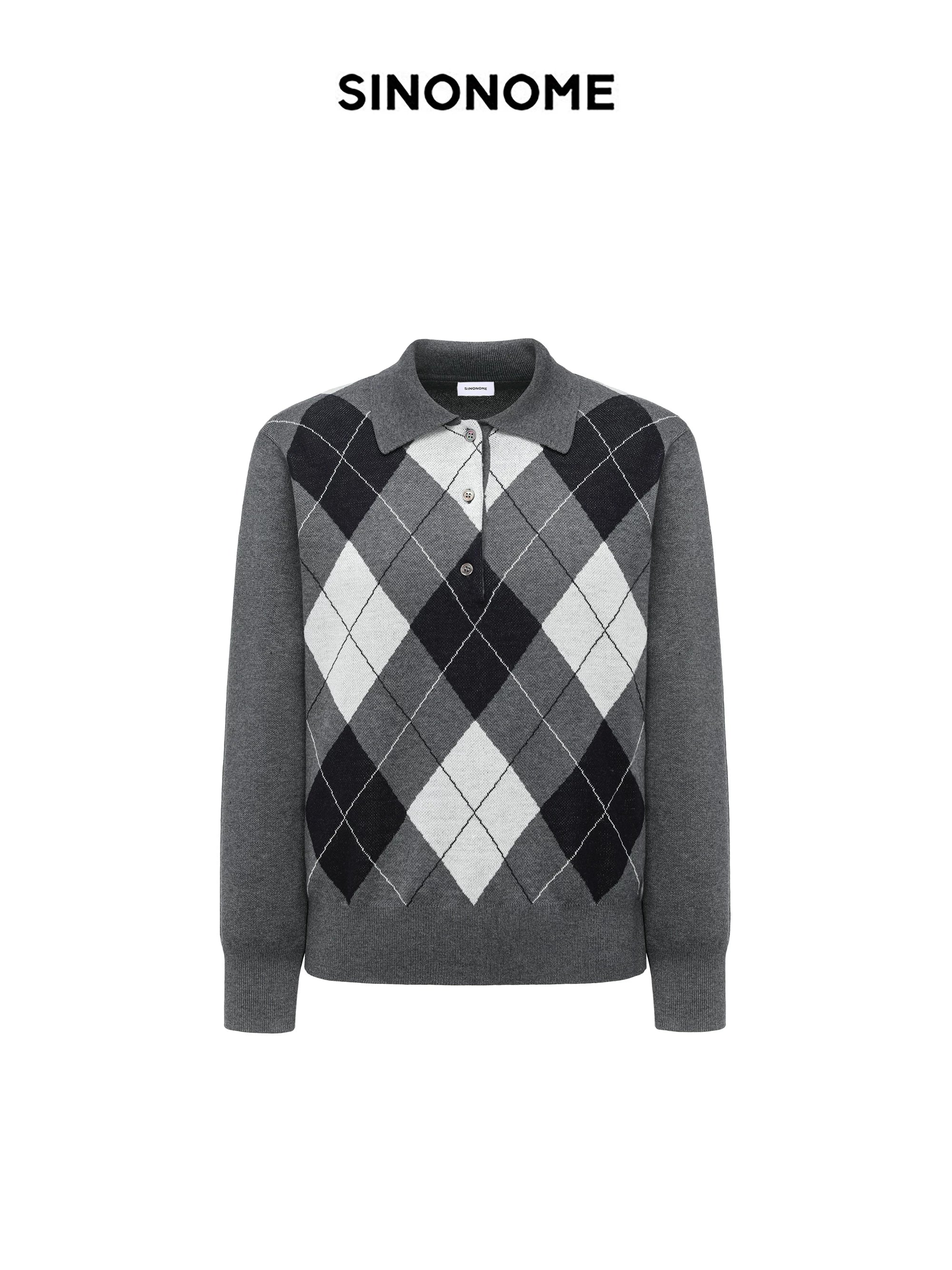 SINONOME wool blended grid retro Polo long-sleeved knitted sweater