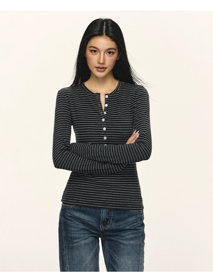 Anna Aneae Henry Collar Stripe with Long Sleeves Underneath