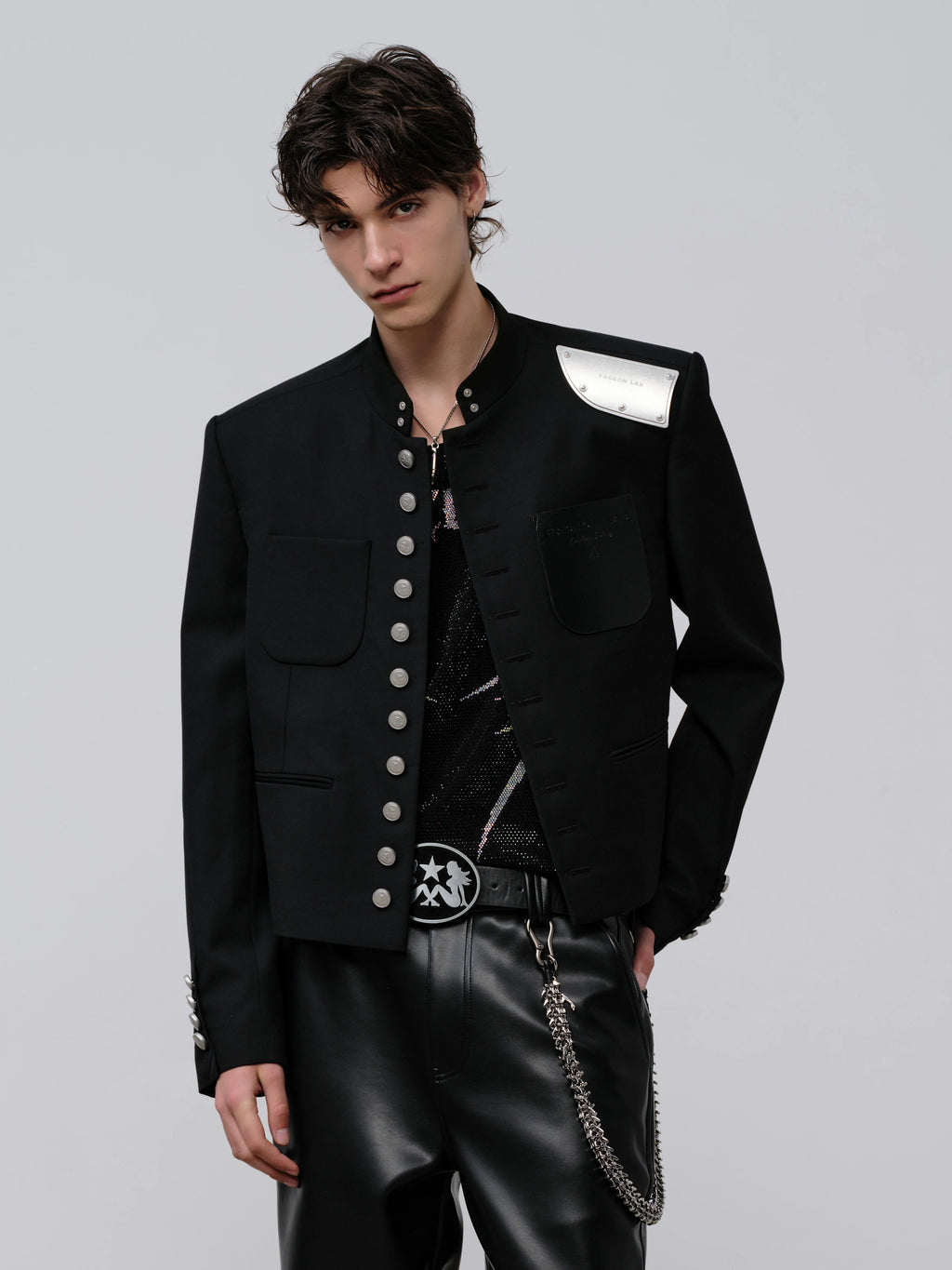 FACEON LAB Patch Uniform Stand Collar Casual Blazer Short Men's Jacket