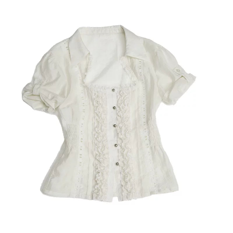 DoublePunch Square Neck Puff Sleeve Ruffle Trim Lace Blouse