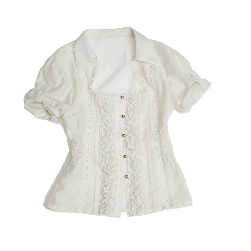 DoublePunch Square Neck Puff Sleeve Pleated Lace Cropped Blouse