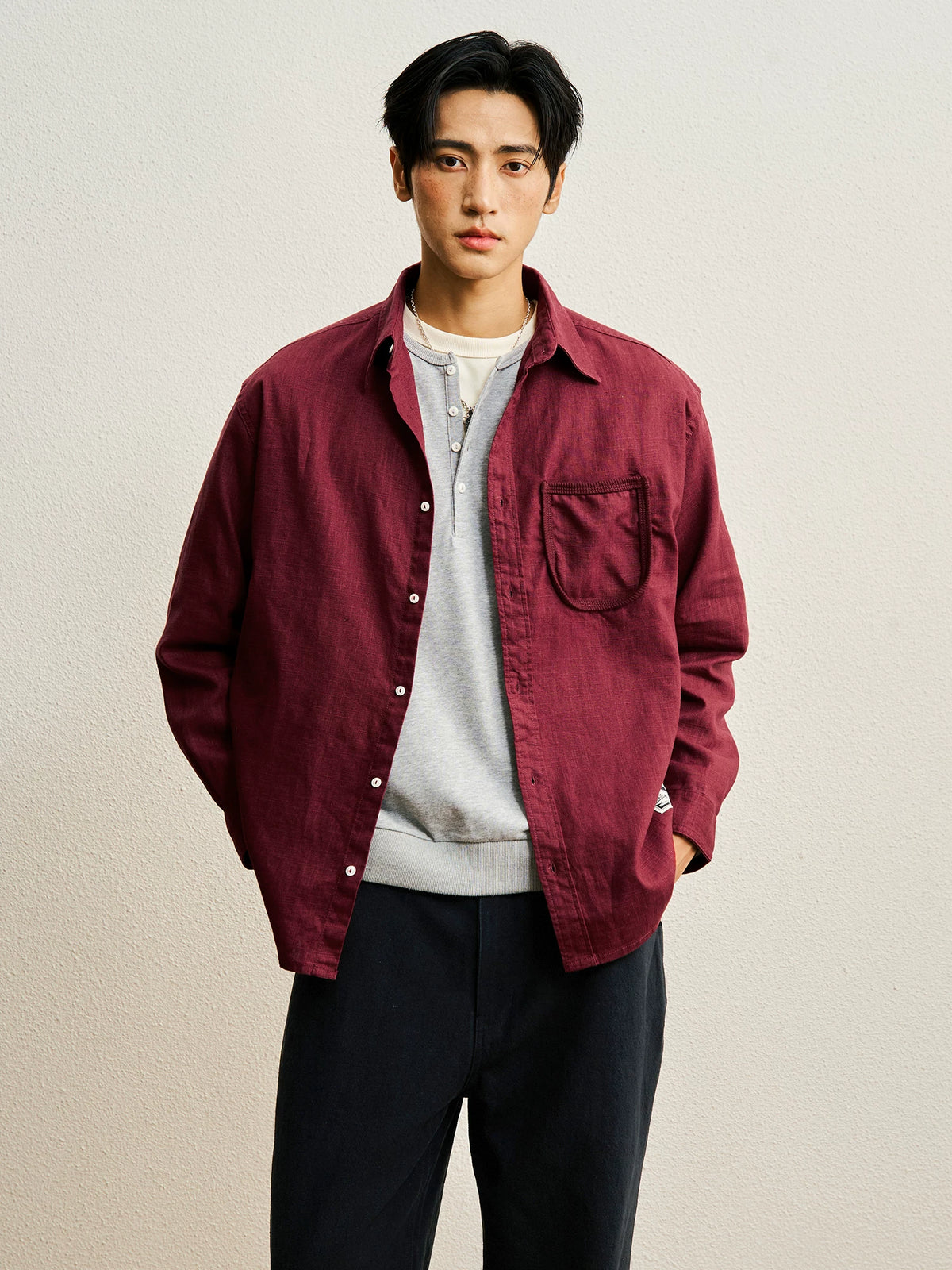 CENLES 225g Breathable Loose Ramie Work Shirt