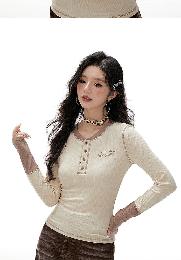 Imone Retro Letter Hot Diamond Contrasting Fake Two Long Sleeves