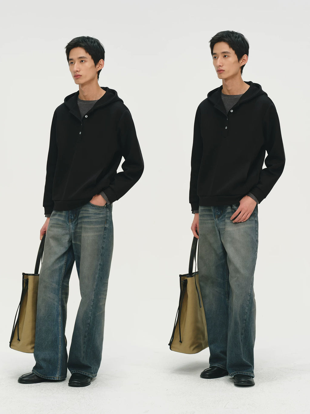 No Logo Warm and Soft Henry Collar Hooded Sweatshirt