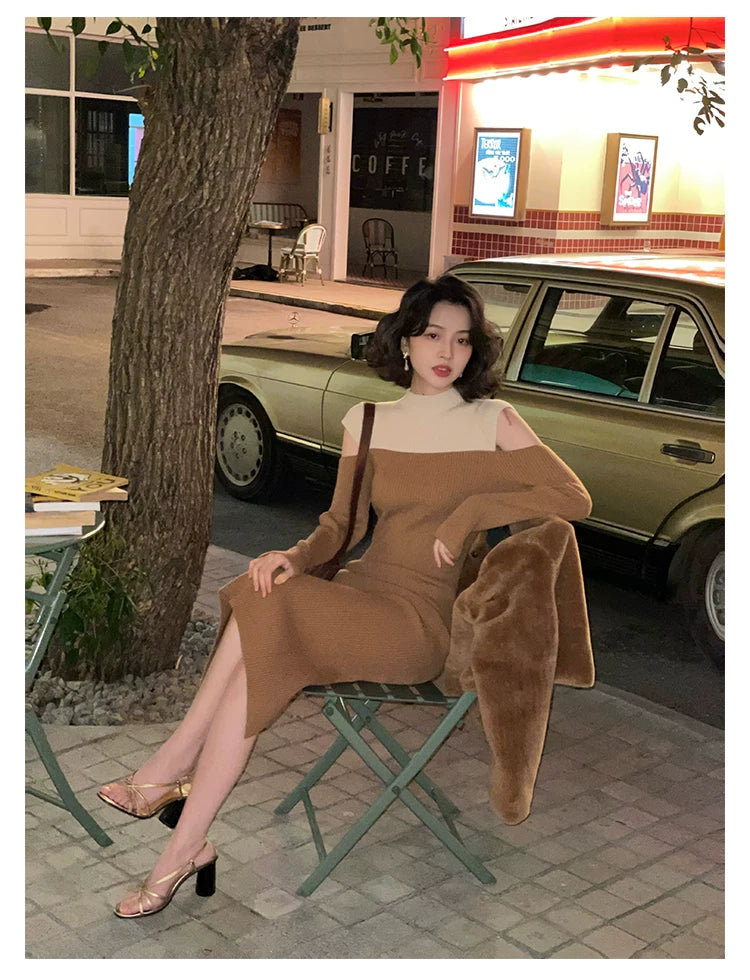 KELIFAN Semi-high-neck Waist Off-the-shoulder Knitted Dress