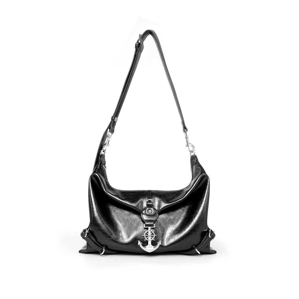 VFVF Black Faux Leather Zip-Top Shoulder Bag