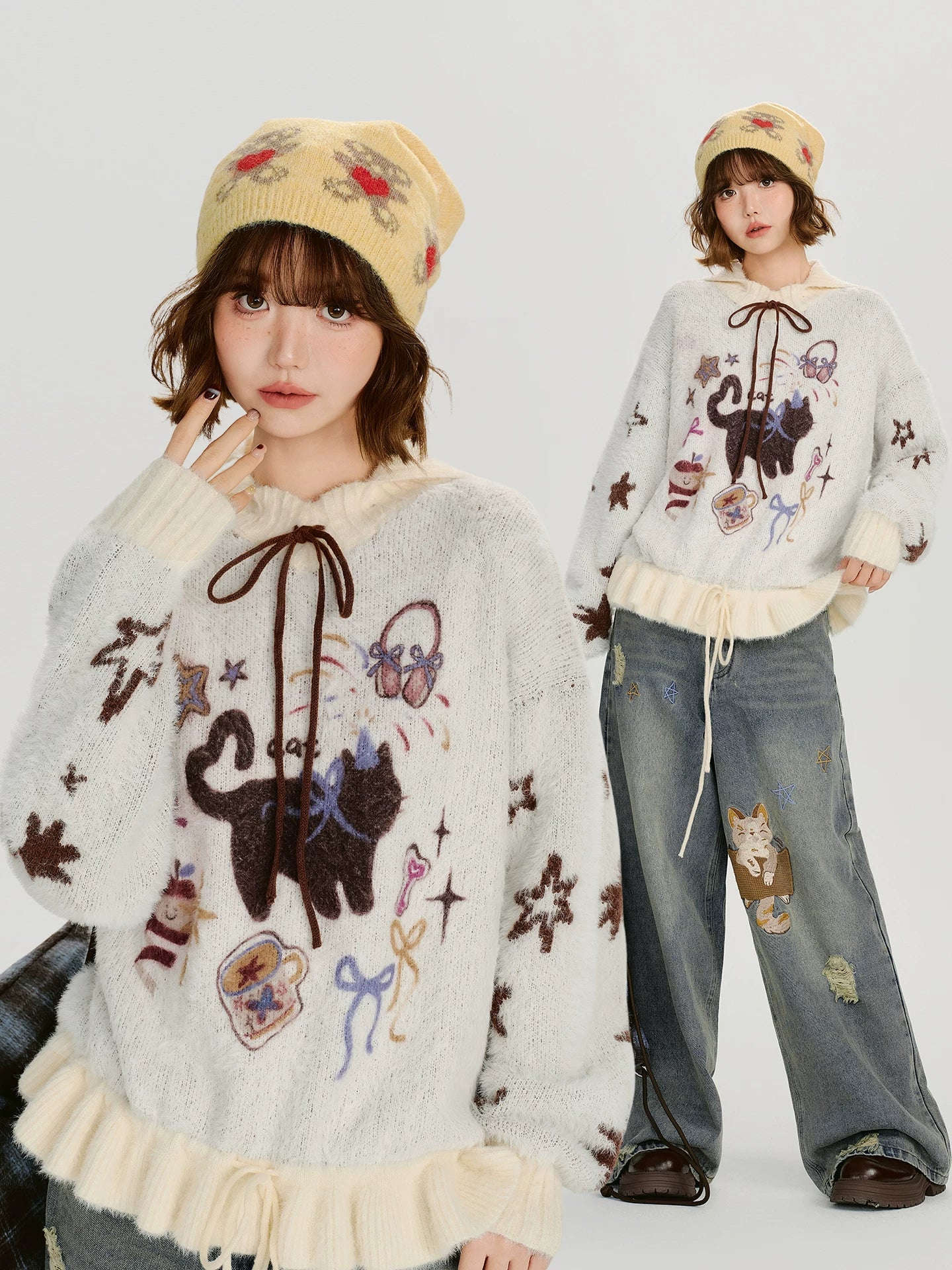 Girlyhalo Vintage Loose Cartoon Jacquard Color Combining Sweater