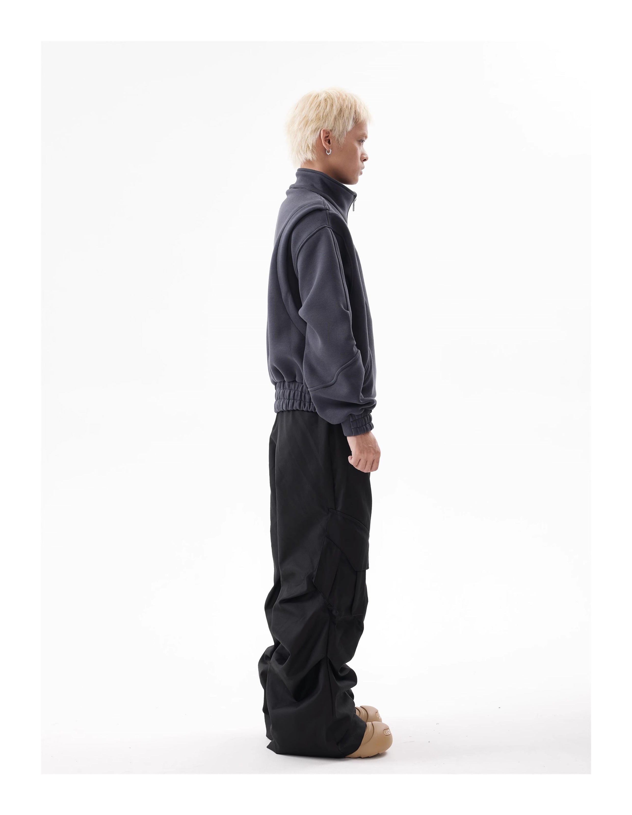 BTSG Deconstructed boxy cropped silhouette double zip jacket