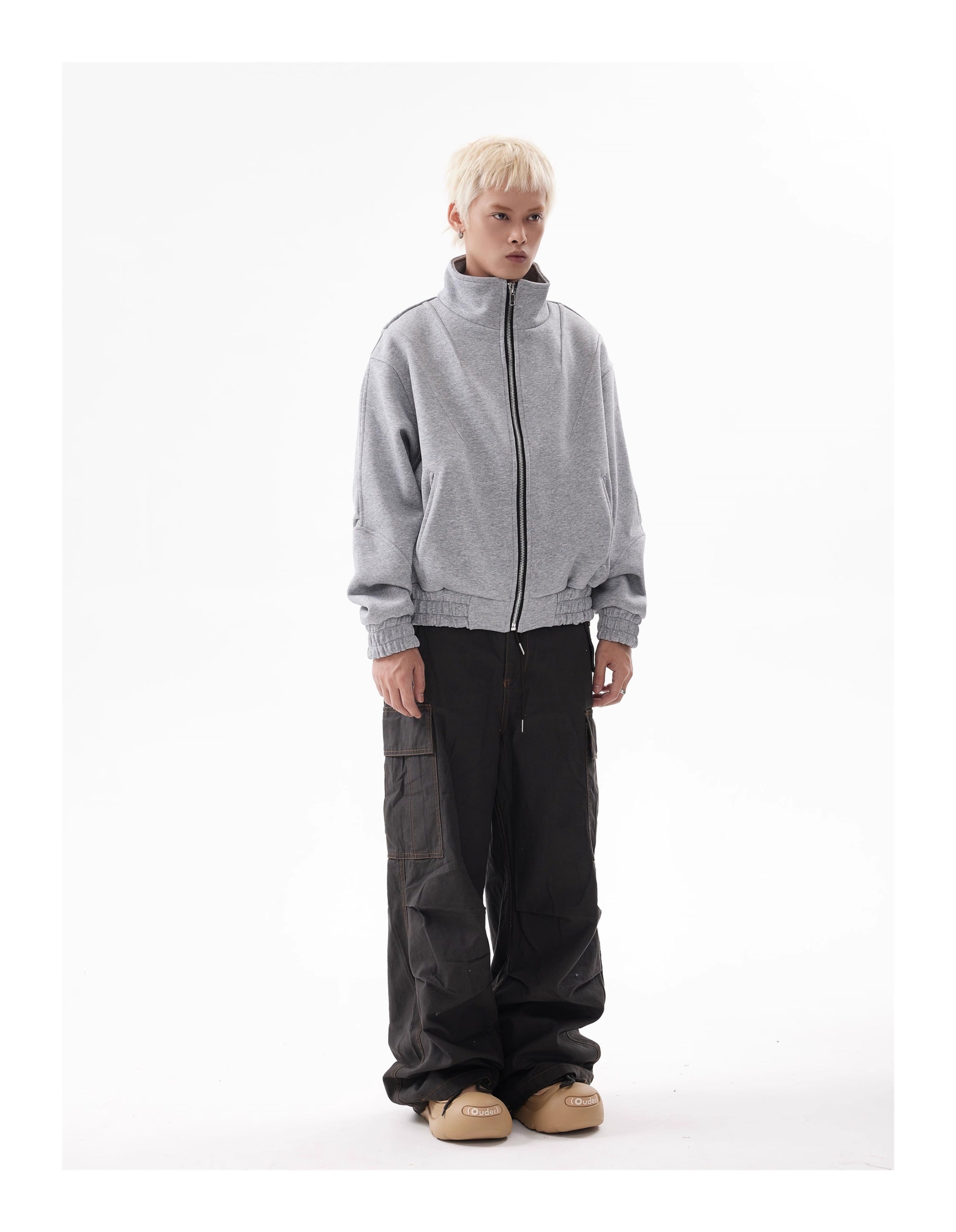BTSG Deconstructed boxy cropped silhouette double zip jacket
