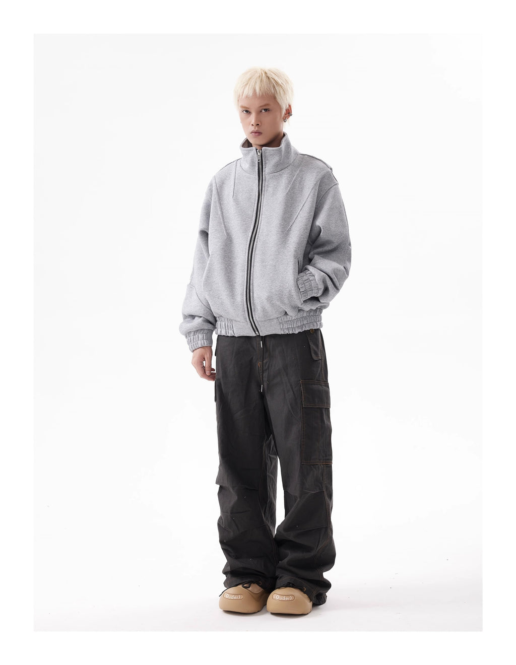 BTSG Deconstructed boxy cropped silhouette double zip jacket