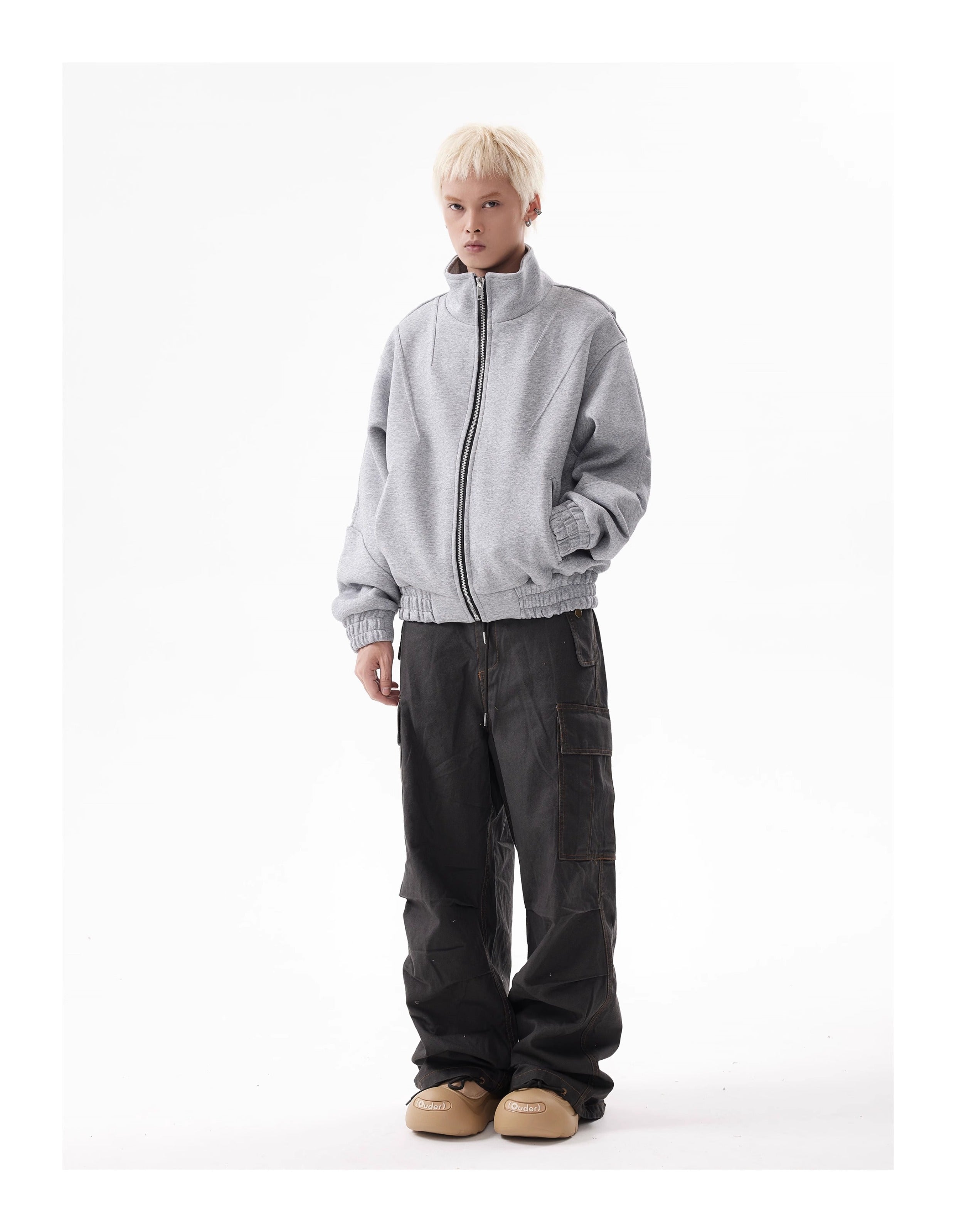 BTSG Deconstructed boxy cropped silhouette double zip jacket