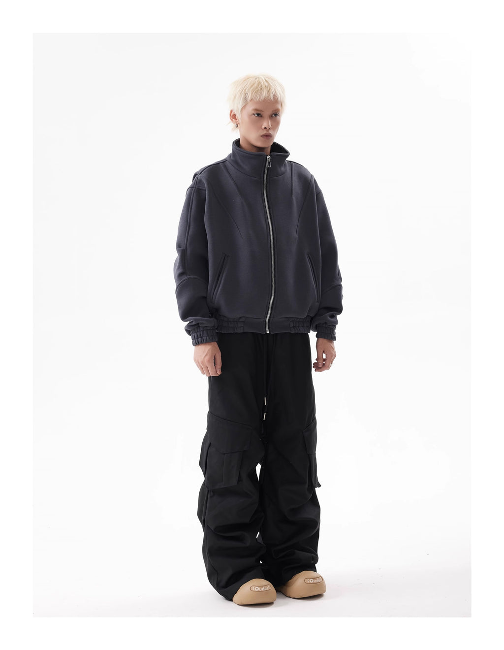 BTSG Deconstructed boxy cropped silhouette double zip jacket