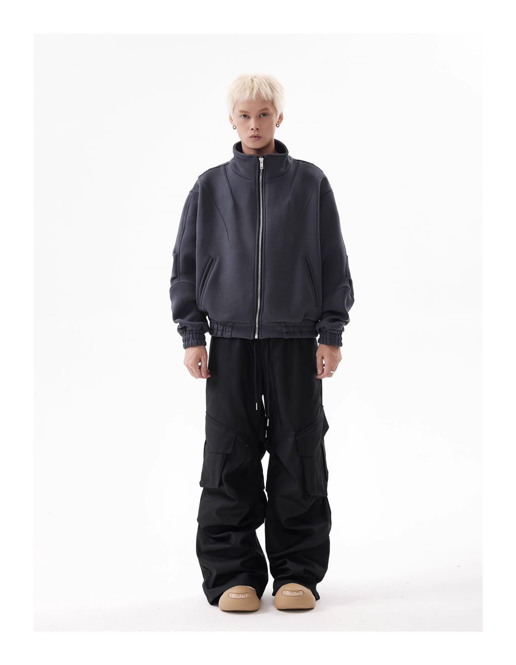BTSG Deconstructed boxy cropped silhouette double zip jacket