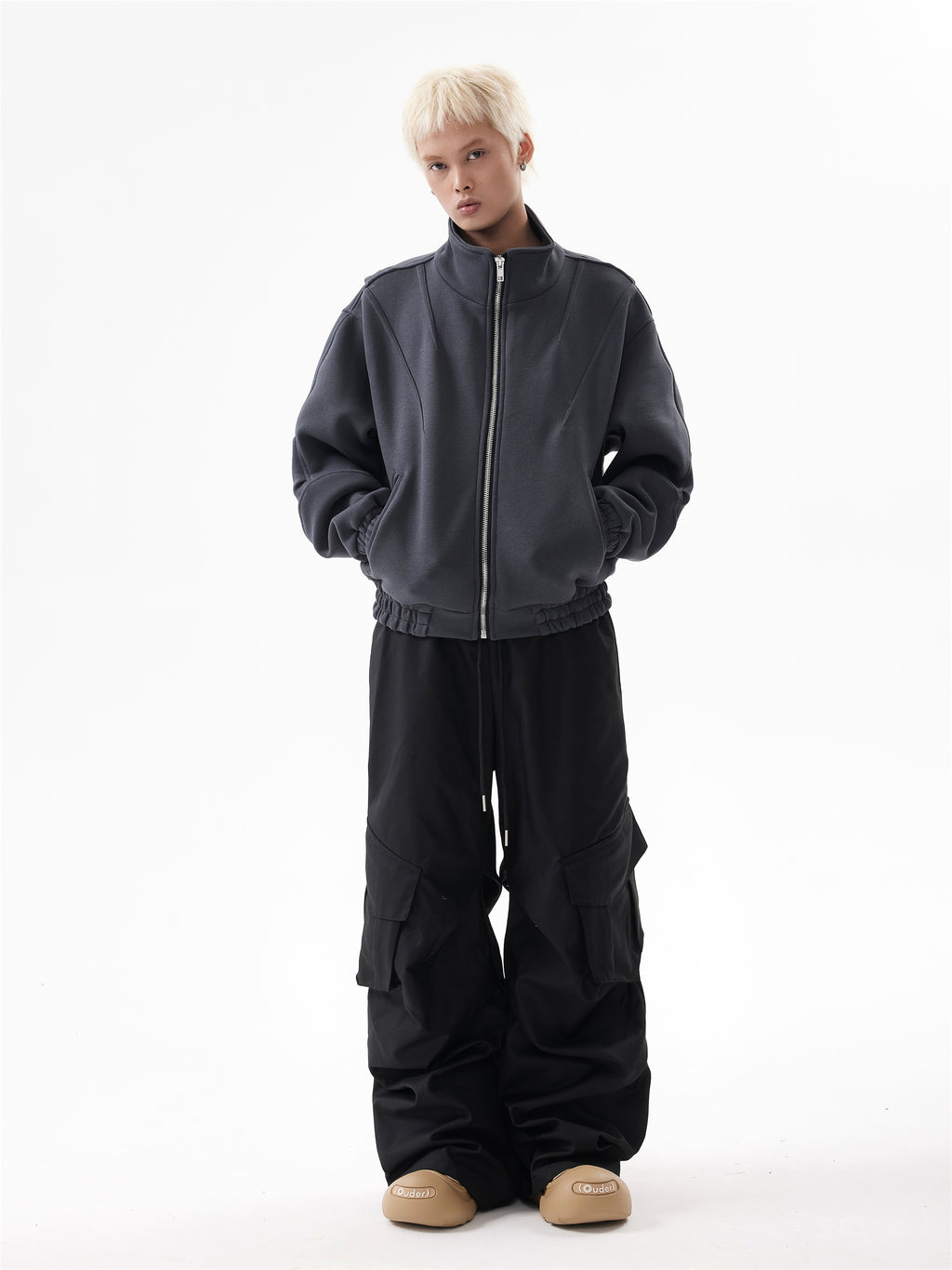 BTSG Deconstructed boxy cropped silhouette double zip jacket
