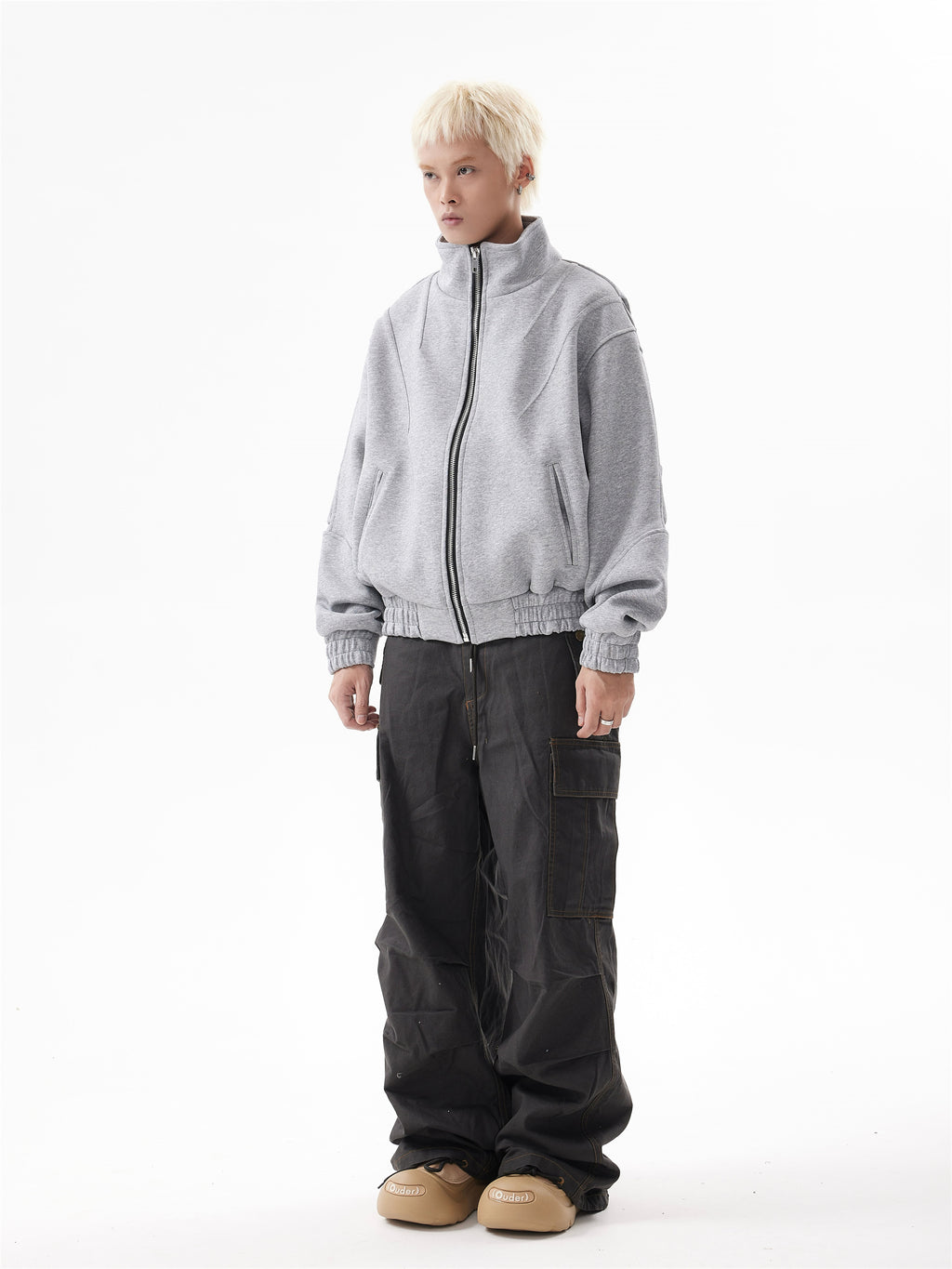 BTSG Deconstructed boxy cropped silhouette double zip jacket