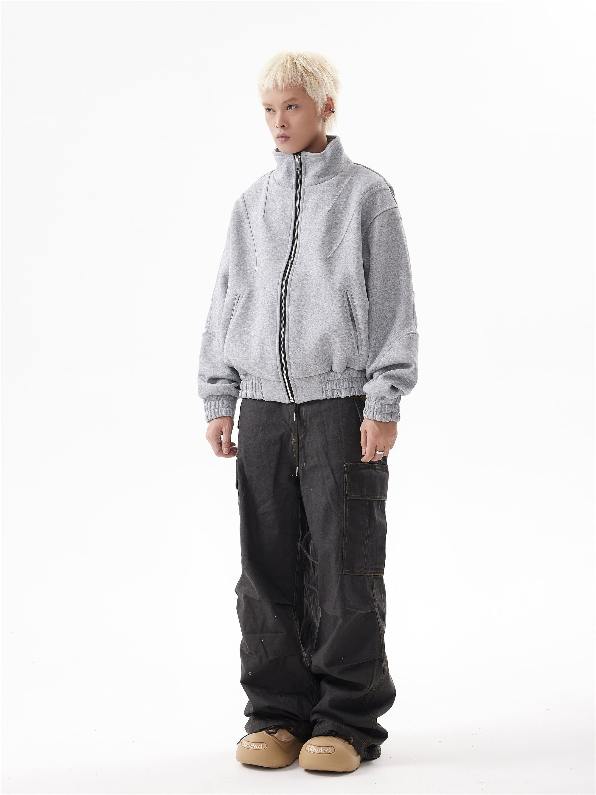 BTSG Deconstructed boxy cropped silhouette double zip jacket