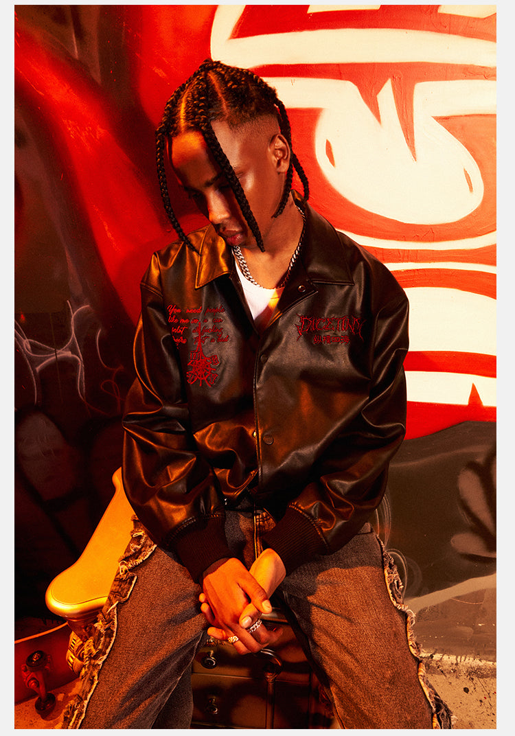 DICETINY Thorn Logo Embroidered Leather Jacket