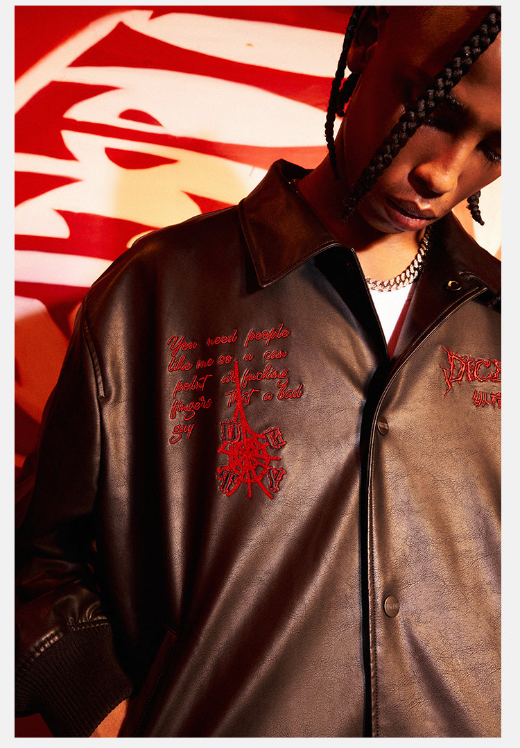 DICETINY Thorn Logo Embroidered Leather Jacket