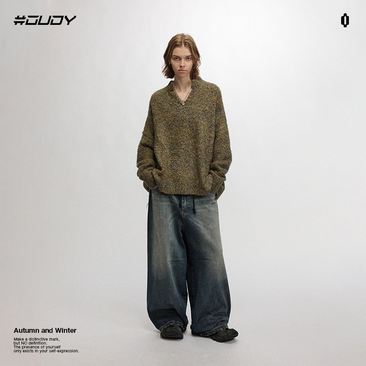 OVDY  Lazy Style Solid Small V-Neck Loose Knitted Sweater