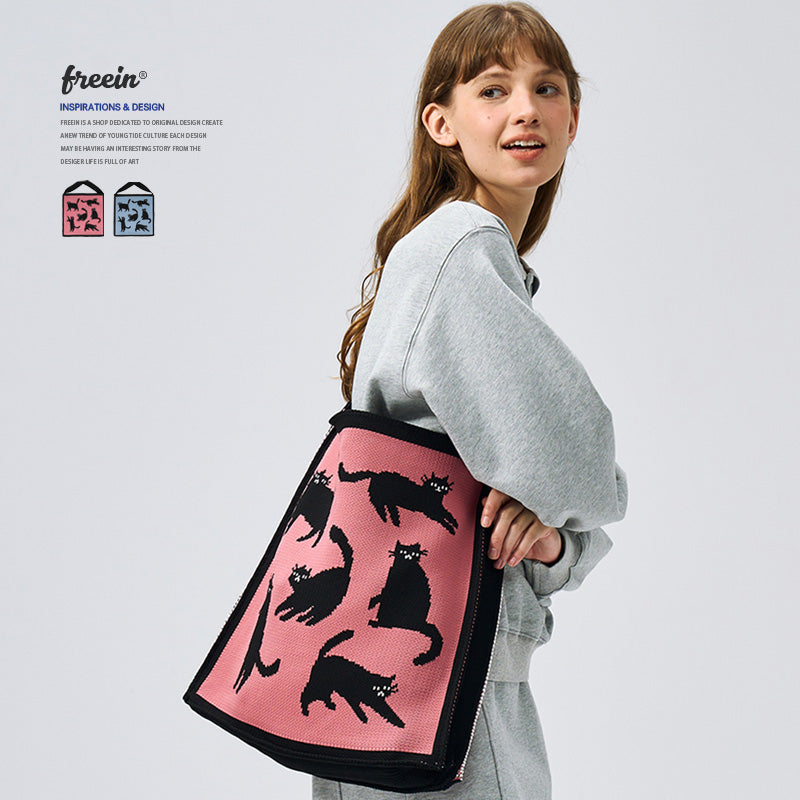 FREEIN Cat Shoulder Bag Knitted Embroidery Tote Bag