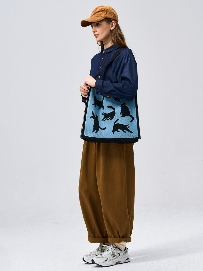 FREEIN Cat Shoulder Bag Knitted Embroidery Tote Bag