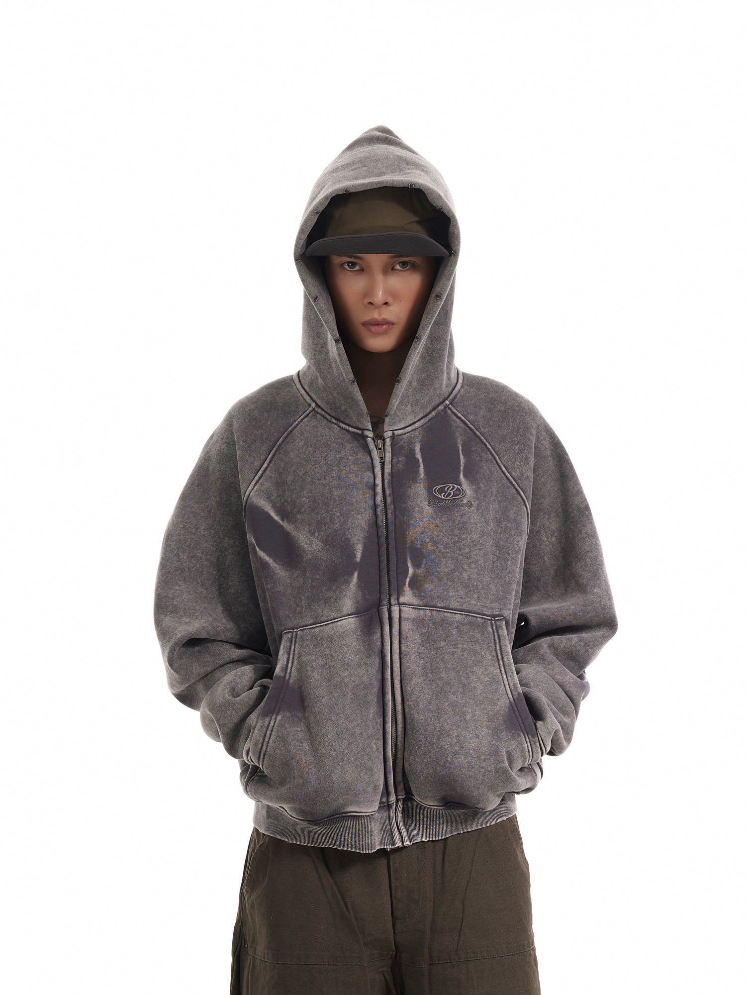 BTSG Distressed gradient pleats piled velvet Zipper Jacket