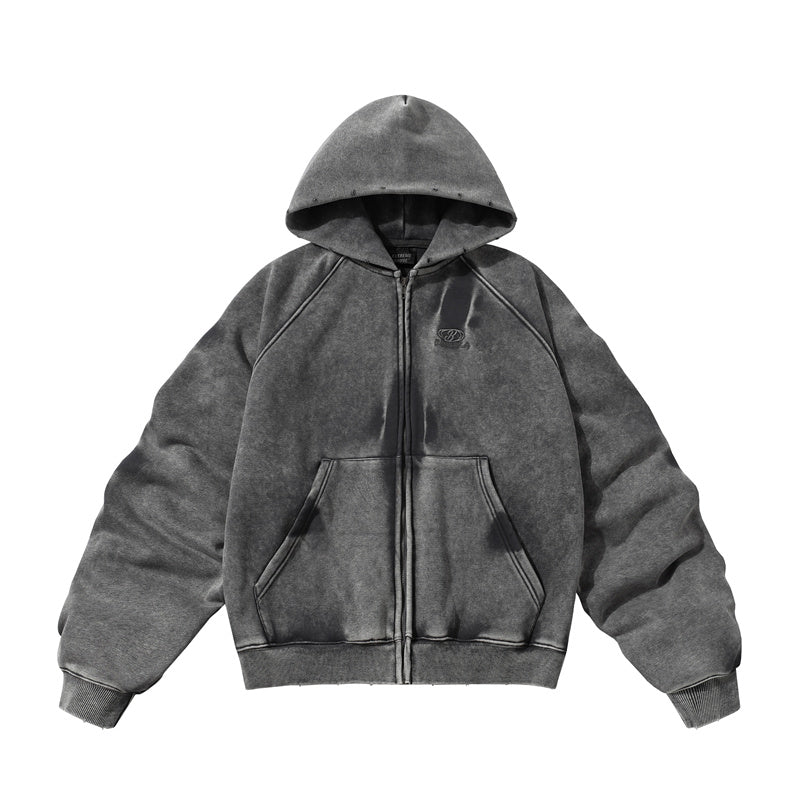 BTSG Distressed gradient pleats piled velvet Zipper Jacket