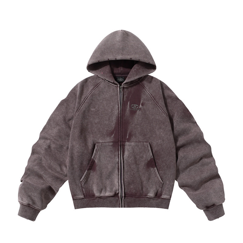 BTSG Distressed gradient pleats piled velvet Zipper Jacket