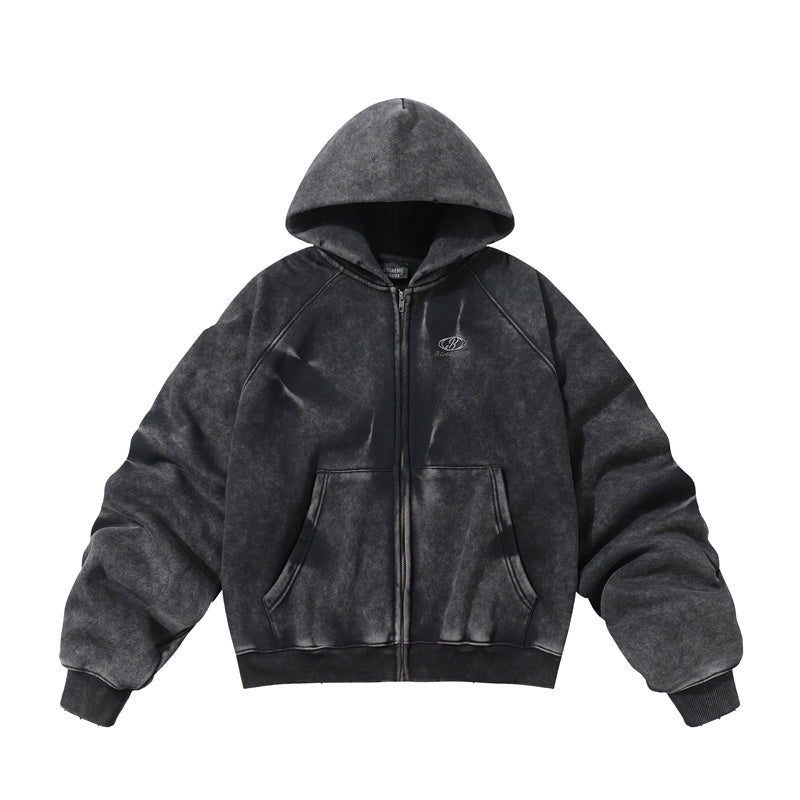 BTSG Distressed gradient pleats piled velvet Zipper Jacket