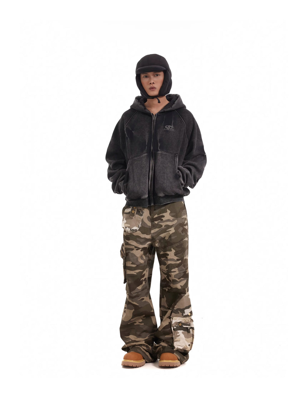 BTSG Distressed gradient pleats piled velvet Zipper Jacket