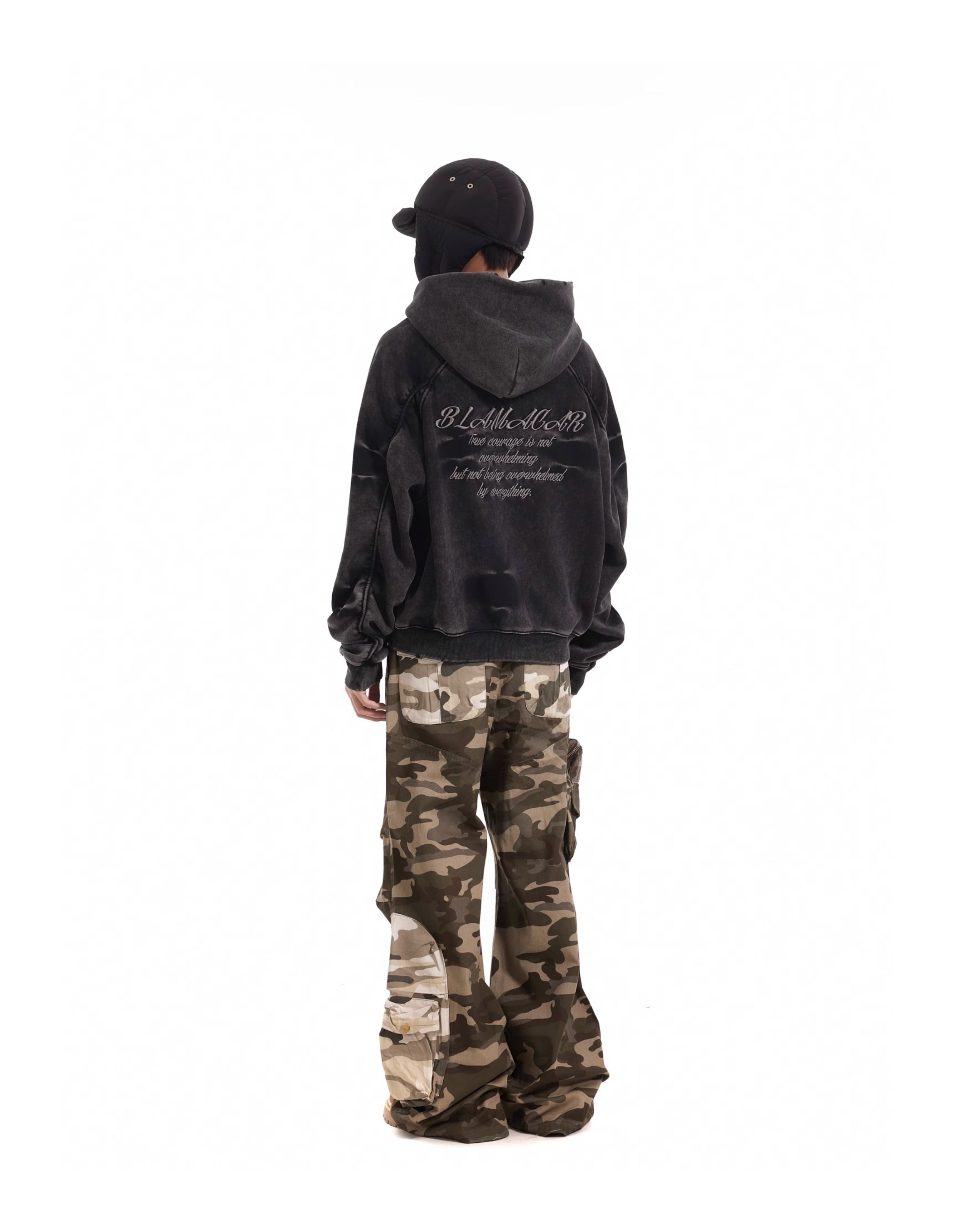 BTSG Distressed gradient pleats piled velvet Zipper Jacket