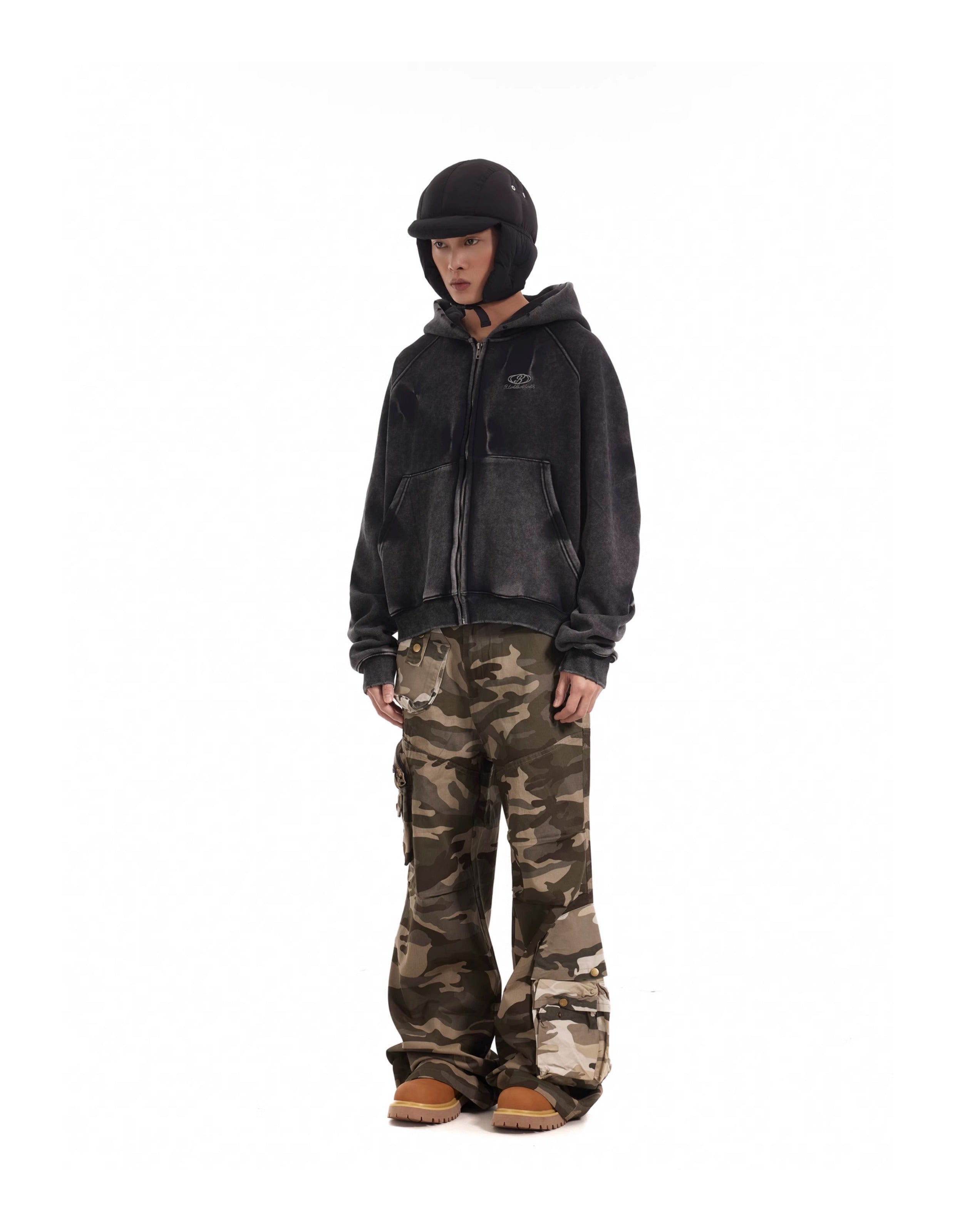 BTSG Distressed gradient pleats piled velvet Zipper Jacket