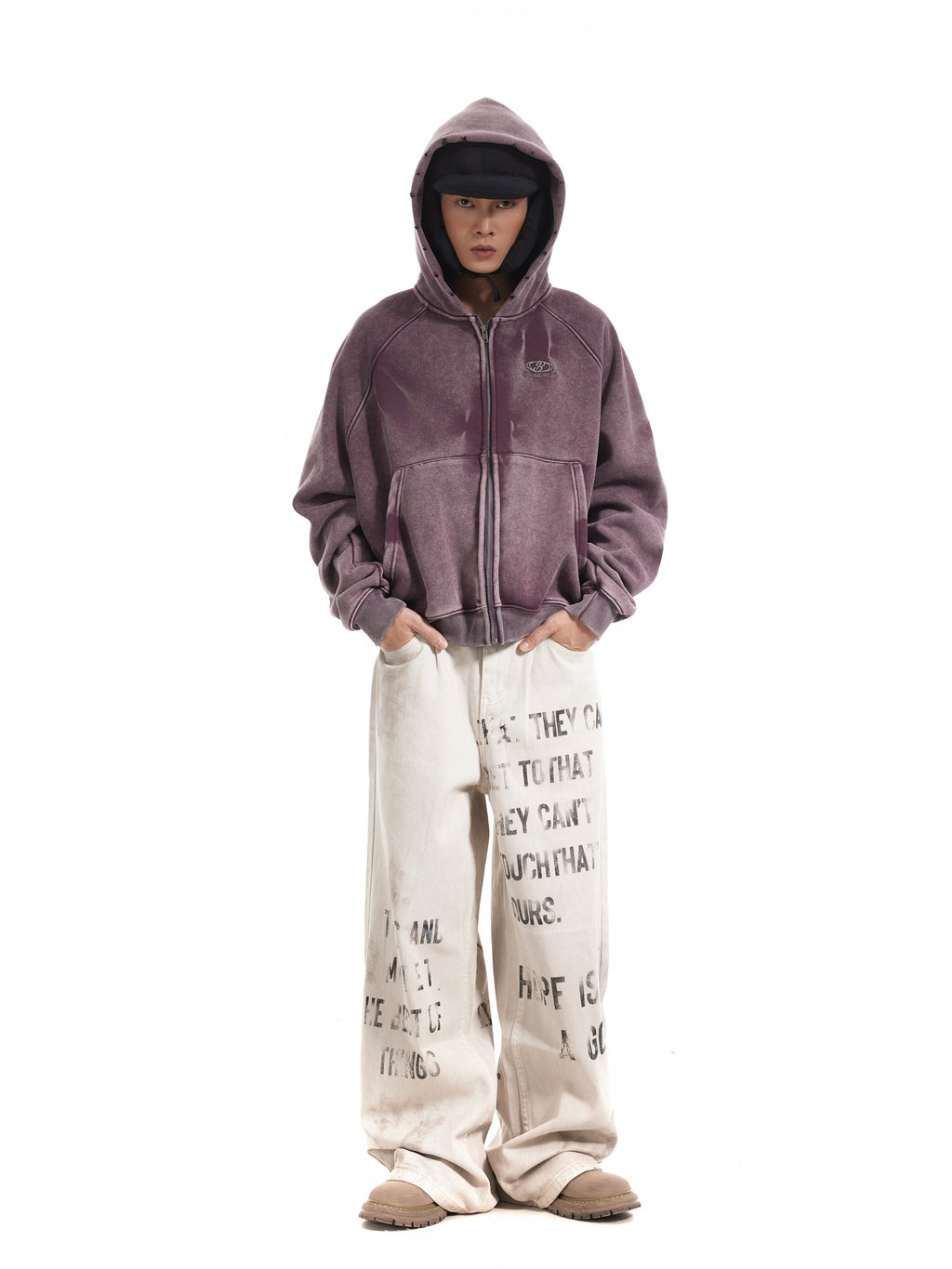 BTSG Distressed gradient pleats piled velvet Zipper Jacket