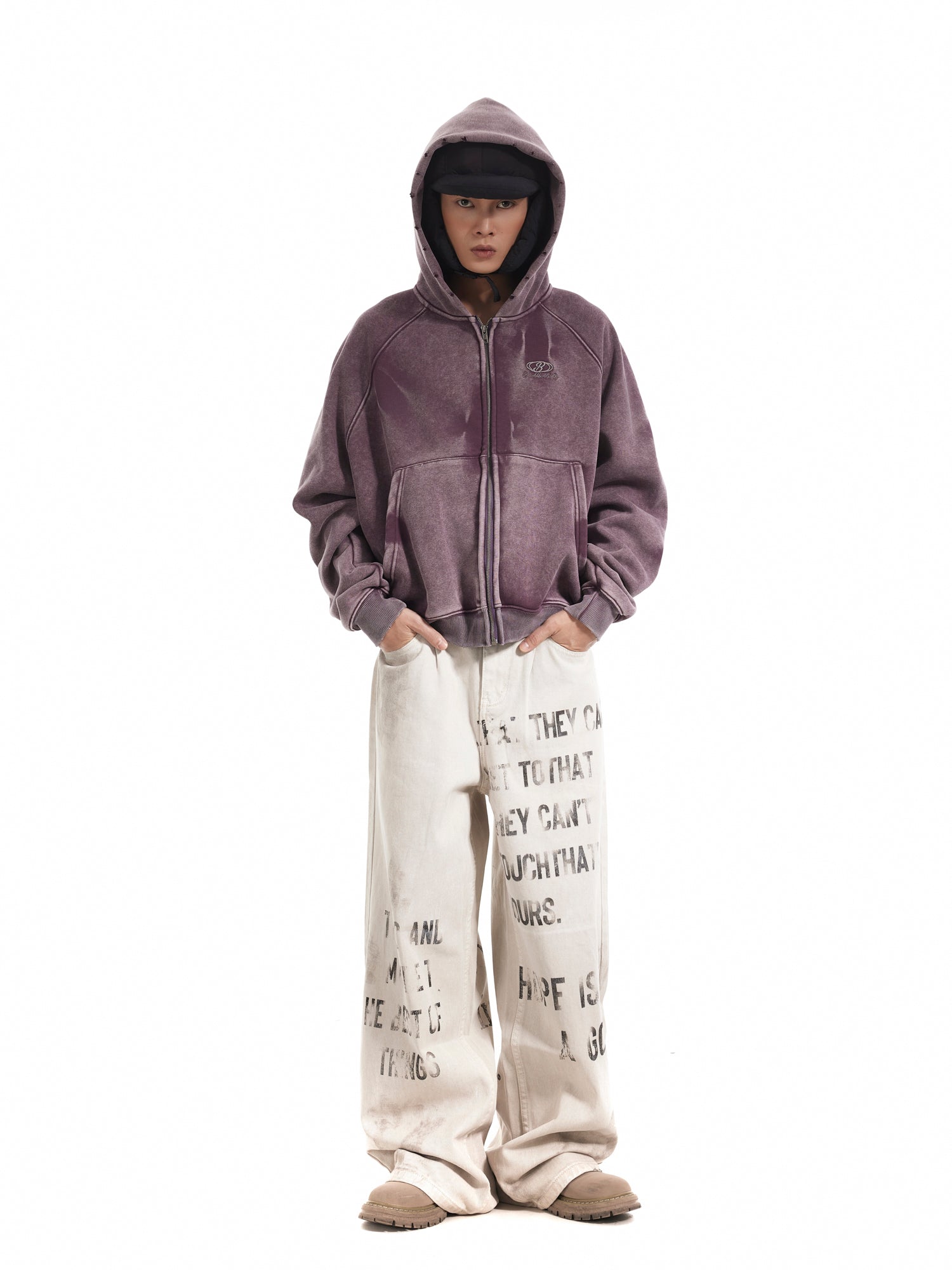 BTSG Distressed gradient pleats piled velvet Zipper Jacket