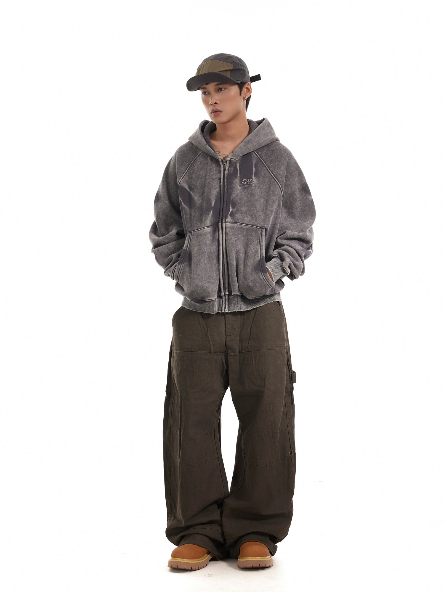 BTSG Distressed gradient pleats piled velvet Zipper Jacket