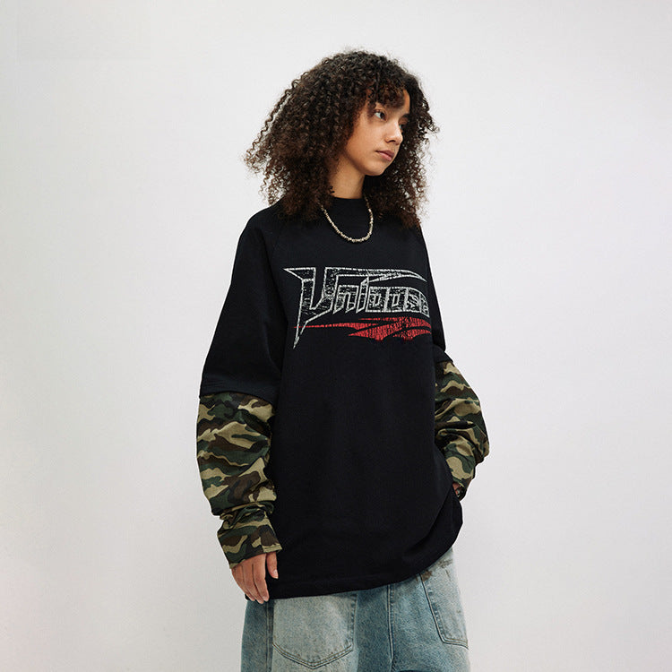 #OVDY original fake two-piece printed camouflage stitching Sweatshirt