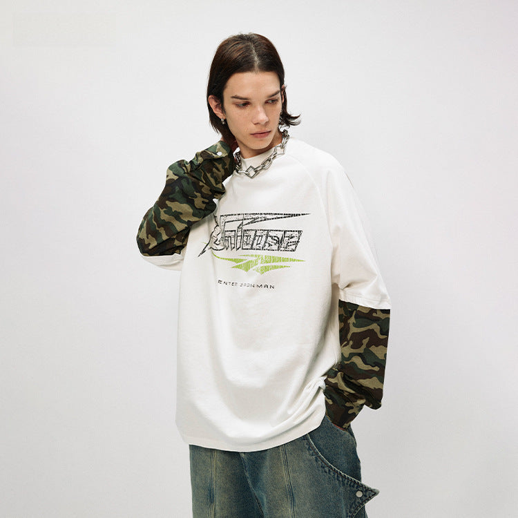 #OVDY original fake two-piece printed camouflage stitching Sweatshirt