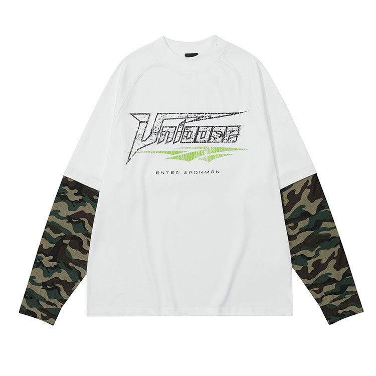 #OVDY original fake two-piece printed camouflage stitching Sweatshirt