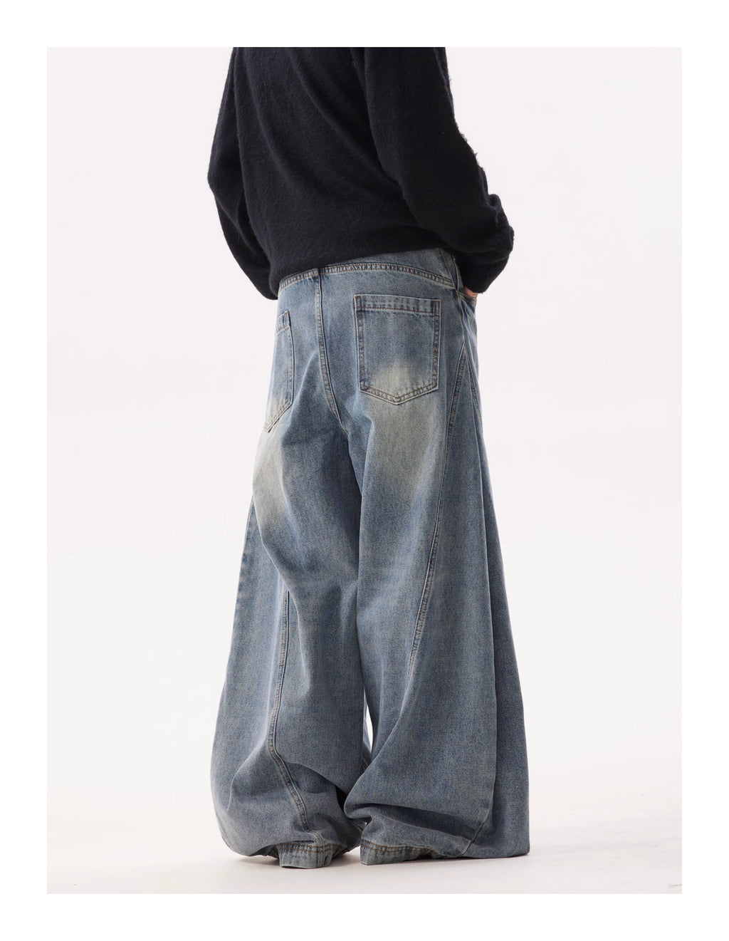 BTSG Wash deconstruction relaxed loose wide leg mop scimitar jeans