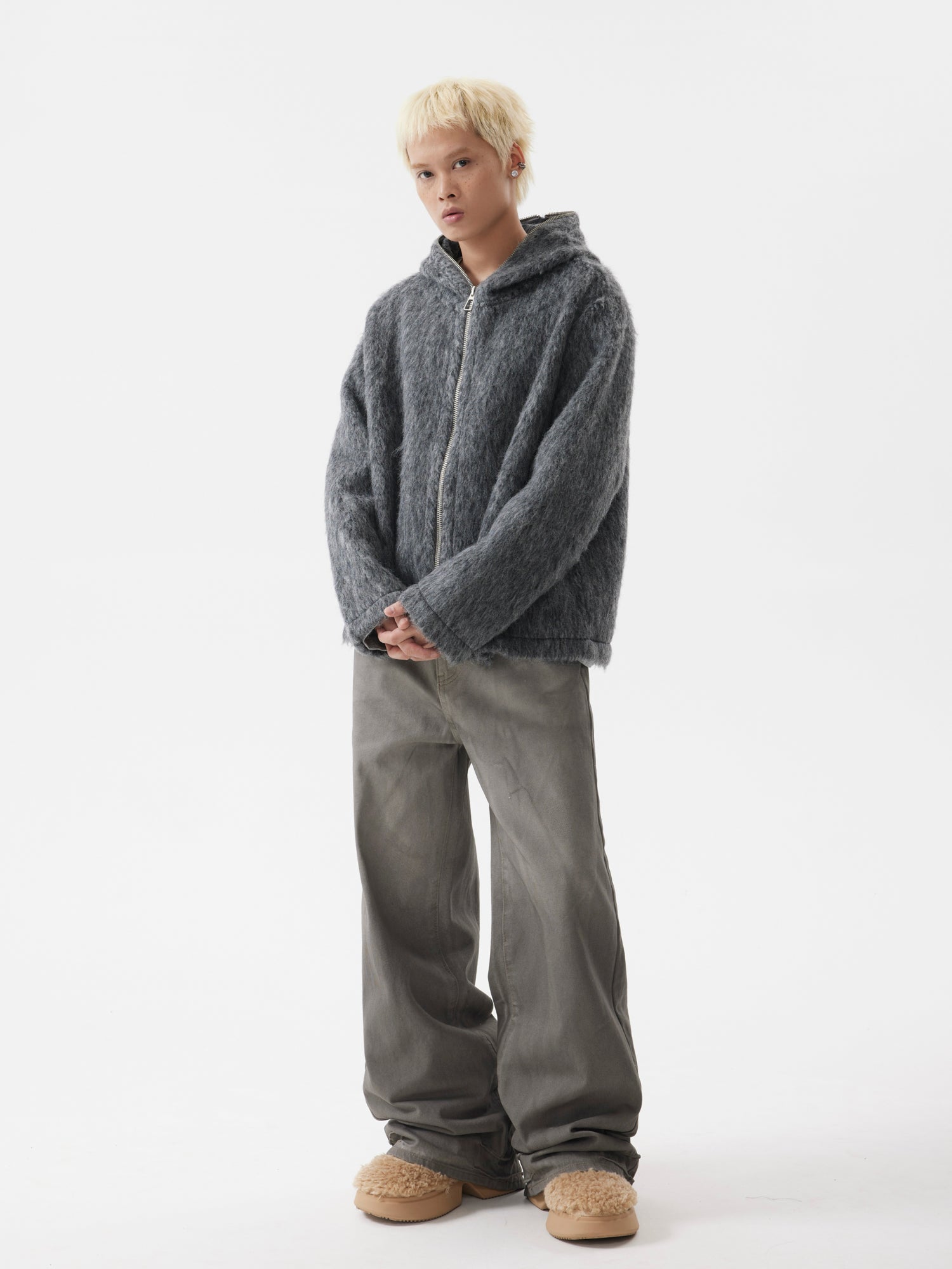 BTSG lazy Mohair full zip hooded cardigan sweater jacket