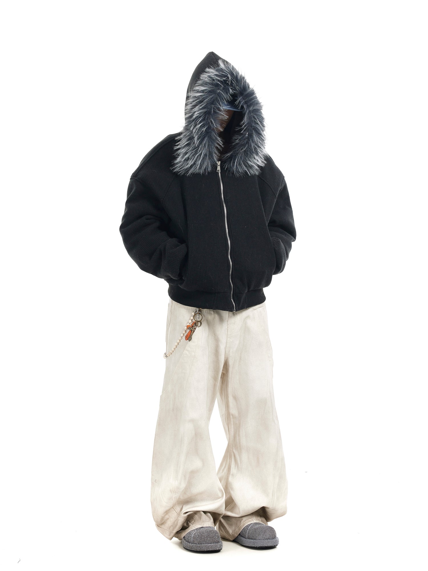 BTSG Corduroy Detachable Hat Fur Collar Seat Mountain Carved Cotton Jacket