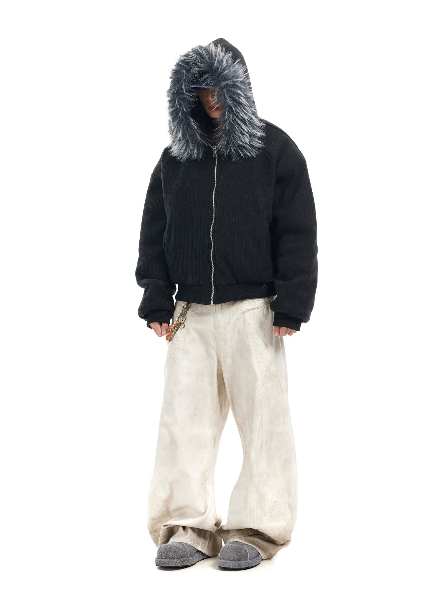 BTSG Corduroy Detachable Hat Fur Collar Seat Mountain Carved Cotton Jacket