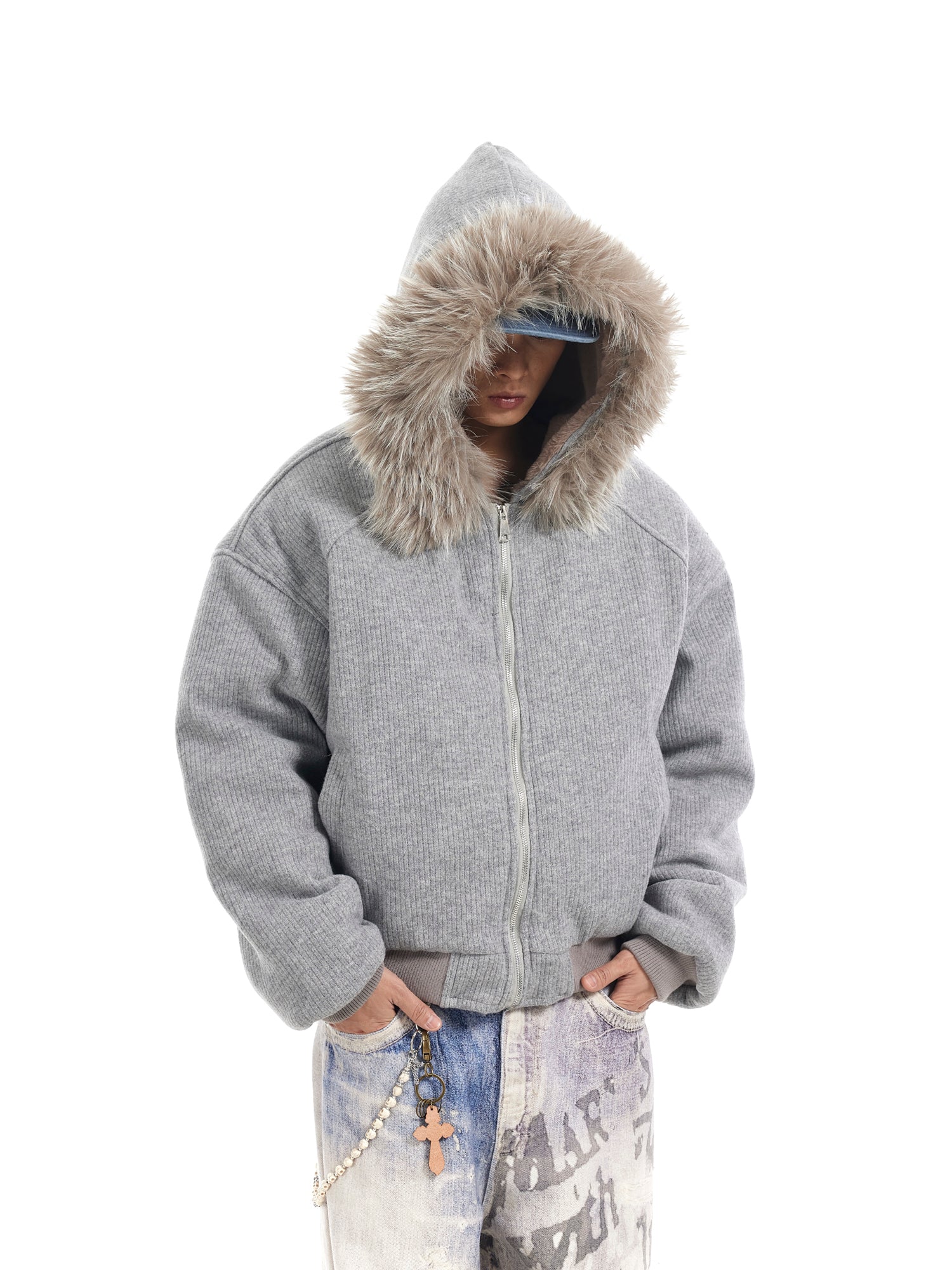 BTSG Corduroy Detachable Hat Fur Collar Seat Mountain Carved Cotton Jacket