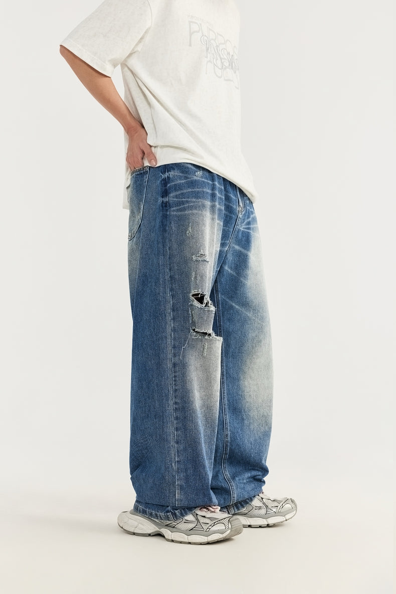 MATCHA STORY Ripped Wide-Leg Jeans