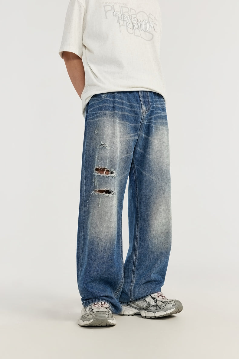 MATCHA STORY Ripped Wide-Leg Jeans